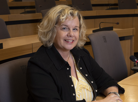 Raadslid Isabelle Vandenbrande in de raadszaal van provinciehuis Boeverbos